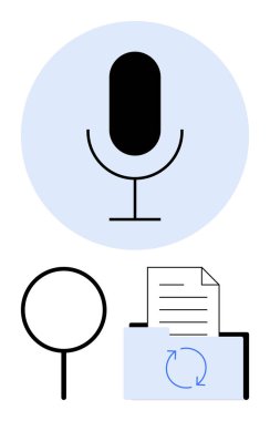 Mikrofon ses girdisini vurgular, büyüteç arama odağı önerir, simge vurgularını tazeleyen belge dizini dosya senkronizasyonunu sağlar. Teknoloji, iletişim, verimlilik, yapay zeka ve araştırma için ideal