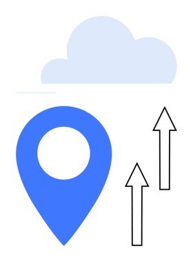 Yer belirleyici, yukarı doğru oklar, veri transferini sembolize eden bulut, bulut hesaplama ve teknoloji ilerlemesi. Teknoloji, navigasyon, bağlantı ve veri paylaşımı için ideal