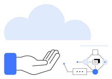 Birbirine bağlı dijital iş akışı ve geometrik şekillerle bulutun altında elini aç. Teknoloji, bulut depolama, yenilik, dijital dönüşüm, iş akışı, veri erişilebilirliği, düz basit