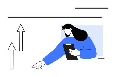 Elinde bir pano tutan kadın figürü yukarı bakan okları işaret ediyor. Bu da liderlik ve büyümeyi gösteriyor. İş için ideal, strateji, ilerleme, planlama, motivasyon, yönetim başarısı. Temiz daire