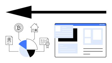 Ok, içinde tablolar, kripto para birimi, ev ve yatırım simgeleri olan web panelini gösteriyor. Finans, analitik, teknoloji, ekonomi, iş stratejisi düz zincir metaforu için idealdir