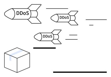 DDoS işaretli uçan roketler saldırı altındaki bir sistemi temsil eden bir küpü temsil ediyor. Siber güvenlik, teknoloji, çevrimiçi risk, ağ savunması, veri ihlali, hackleme, düz metafor