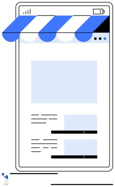 Çizgili tente ve yapısal tasarım elemanları ile dijital mağaza önü düzenini vurgulayan mobil ekran. E-ticaret, markalaşma, küçük işletme, pazarlama, yenilik, çevrimiçi alışveriş için ideal