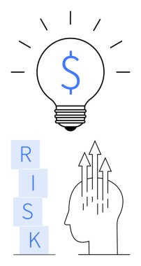 Dolar sembollü ampul, istiflenmiş risk blokları, yukarı doğru oklu siluet başlık. Finans, yenilik, strateji, büyüme, karar verme, risk yönetimi soyut çizgisi düz metafor için ideal