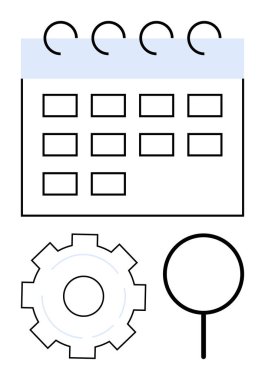 Vurgulanmış detaylar, ekipman ve büyüteçle takvim, planlama, optimizasyon ve analiz öneriyor. Üretkenlik, iş akışı, zaman yönetimi araştırma stratejisi için ideal