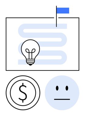 Bayrağı olan zigzag haritası, fikirleri temsil eden ampul, madeni para ve tarafsız yüz. Planlama, strateji, yaratıcılık, para yönetimi, iş hedefleri karar verme dairesi için ideal