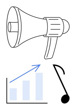 Megafon, yukarı doğru grafik oku ve iletişimi, ilerlemeyi ve yaratıcılığı temsil eden nota. Pazarlama, müzik, büyüme stratejisi iletişim iş trendleri yenilikler için idealdir. Düz