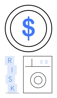 Dolar işareti, çamaşır makinesi taslağı ve RISK yığın harfli büyük boy sikke. Finans, dolandırıcılık, kara para aklama, uyum, risk yönetimi, yasal ve soyut metafor için ideal
