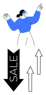 Yukarı doğru hareket eden minimalist figür, yukarı doğru ok ve aşağı doğru ok şeklinde. Pazarlama, perakende stratejisi, indirimler, promosyonlar, başarı, iş büyümesi için ideal, düz basit metafor
