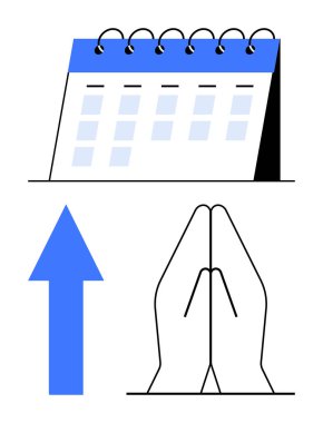 Spiral-ciltli masa takvimi, yukarı doğru mavi ok ve motivasyonu, tutkuları ve inancı temsil eden dua eden eller ikonu. Planlama, ilerleme, hedefler, zaman yönetimi maneviyatı için ideal başarı