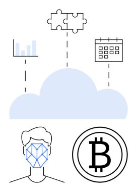Veri tablosu, takvim, yapboz parçaları, blok zinciri ikonu ve yüz tanıma grafiğine sahip bulut. Teknoloji, yenilik, bağlantı, bulut hesaplama, yapay zeka dijital güvenlik için ideal