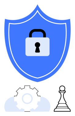 Kalkandaki asma kilit güvenliği, dişli taşıma işlemini ve sistemi temsil eder. Satranç piyonu da planı gösterir. Siber güvenlik, koruma, strateji, planlama, sistem çözümleri için idealdir. Düz