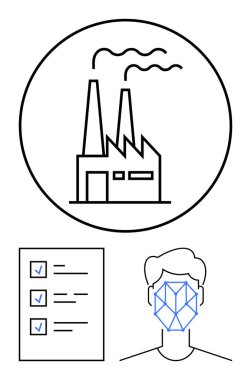 Emisyonlu fabrika, yüz tanıma sistemi ve görev kontrol listesi. Enerji, endüstri, uyum, otomasyon, teknoloji veri raporlaması için idealdir. Düz basit metafor