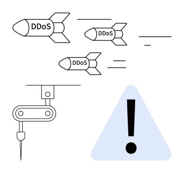 Füzeler DDoS etiketli bir uyarı sembolü altında robot sistemi hedef alıyor ve siber güvenlik tehditlerini simgeliyor. Teknoloji, hackleme, siber suç, otomasyon, yapay zeka riskleri, endüstri güvenliği, daire