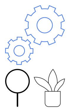 Birbirine kenetlenmiş dişliler büyüteç ve saksı bitkisinin yanında takım çalışmasını temsil ediyor. Konseptler için ideal işbirliği, analiz, teknoloji, strateji, büyüme, keşif, düz basit