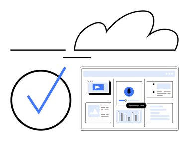 Bulut grafiği, analitik gösterge paneli ve veri yönetimi, güvenlik ve başarıyı temsil eden mavi işaret. Teknoloji, bulut hesaplama, analitik, başarı güvenlik iletişimi için ideal