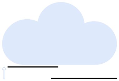 Yukarı doğru ok ve yatay çizgiler ile bulut şekli yükleme, depolama ve internet bağlantısını temsil ediyor. Teknoloji, veri transferi, bulut hesaplaması, senkronizasyon ve yenilik için ideal