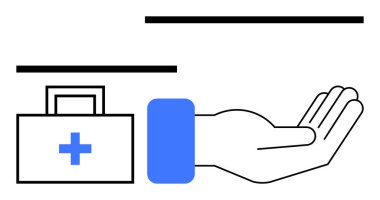 İlk yardım çantasının yanında çapraz sembollü bir el uzanıyor. Sağlık, yardım, destek, koruma, yardım, sağlık hizmetleri ve güven konuları için idealdir. Düz basit metafor