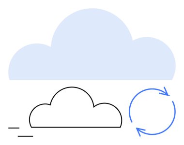 Mavi bulut, daha küçük çizgili bulut, senkronizasyon ve hareketi temsil eden dairesel oklar. Bulut bilgisayarı, veri transferi, işbirliği, senkronizasyon, yedekleme, depolama dairesi için ideal basit metafor