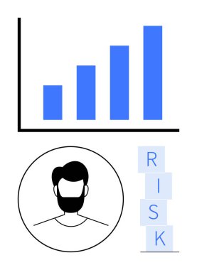 Mavi çizelge büyümeyi simgeliyor, erkek profili insan unsurunu gösteriyor, RISK üst üste istiflenmiş olan ise değerlendirmeyi simgeliyor. Finans, analitik, strateji, hedefler, yönetim, inovasyon soyut çizgi için ideal