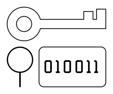 Anahtar ve ikili kod veri erişimini sembolize ediyor. Büyüteçle birlikte analizi de simgeliyor. Siber güvenlik, şifreleme, veri koruması, dijital soruşturma, mahremiyet, teknoloji kavramları için ideal