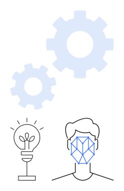 Ampul yeniliği temsil eder, yüzü yapay zeka ve tanıma ile çevrilidir, mavi dişliler süreci ve teknolojiyi vurgular. Yapay zeka, teknoloji, yenilik, problem çözme, analiz için ideal