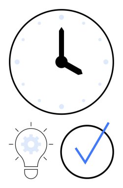 Zamanı gösteren saat, dişli ampul fikirleri ve yeniliği sembolize eden mavi işaret başarıyı simgeliyor. Üretkenlik, planlama, yenilik, karar verme, başarı için ideal