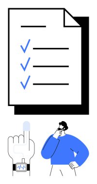 Mavi işaretli büyük bir kontrol listesi, parmak üzerinde biyometrik parmak izi taraması ve düşünen biri. Üretkenlik, organizasyon, ilerleme, güvenlik, karar verme mekanizması için ideal. Düz