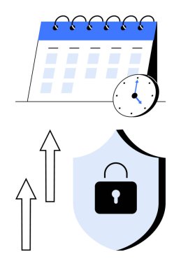 Saat planlama ve zaman yönetimi takvimi, veri güvenliğini sembolize eden kilitli kalkan ve büyüme için yukarı doğru oklar. Zamanlama, güvenlik, üretkenlik, strateji ve başarı için ideal