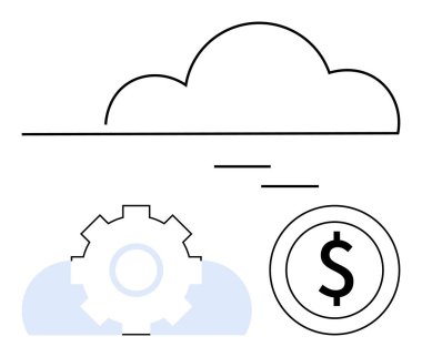 Dişli bulut ve dolar para dijital dönüşümü, finans ve verimliliği temsil ediyor. Teknoloji, finans, iş, yenilik, dijital stratejiler otomasyon verimliliği için idealdir. Düz