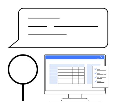 Bilgisayar ekranında veri tablosu, kontrol listesi, konuşma balonu ve büyüteç var. Veri analizi, organizasyon, iş akışı, proje yönetimi yenilik değerlendirme verimliliği için idealdir. Düz