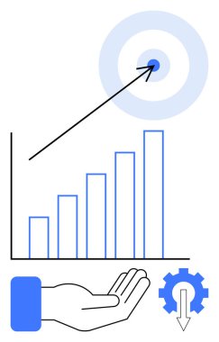 Yukarı doğru ok hedefli çubuk grafik, açık el desteği temsil ediyor, sistem optimizasyonunu gösteren vites. Büyüme, başarı, strateji, destek, verimlilik, liderlik çözümleri için ideal