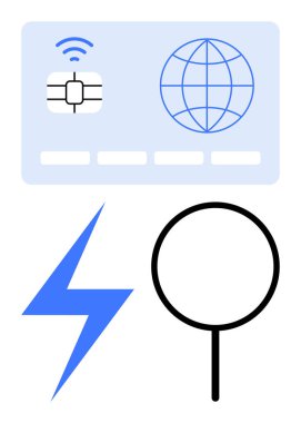 Dijital SIM kart ve kablosuz sinyal, küresel erişim küresi, hız için yıldırım, keşif için büyüteç. Ağ, internet, hız, güvenlik, bağlantı araştırması için ideal