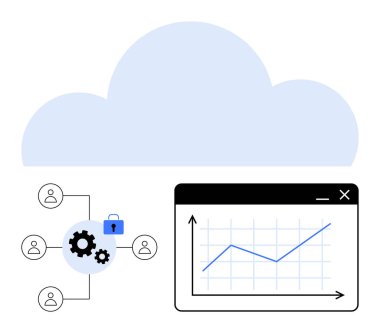 Arayüzün üzerindeki bulut yapısı büyüme grafiğini ve güvenli kullanıcı ağını gösteriyor. Bulut hesaplama, veri güvenliği, analitik, iş büyümesi, teknolojik yenilik, işbirliği, bilişim süreçleri için ideal. Düz