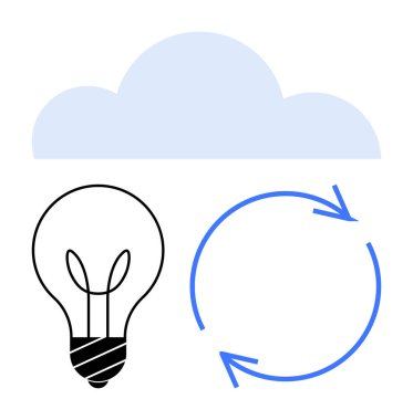 Ampul fikirleri temsil eder, bulut dijital depolamayı sembolize eder ve dairesel oklar da sürdürülebilirliği. Yenilenebilir enerji, yaratıcılık, teknoloji, yenilik, sürdürülebilirlik, bulut için ideal
