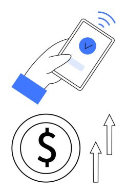 Dijital ödeme onaylı akıllı telefon, dolar sembolü, yükselen oklar başarıyı, büyümeyi gösteriyor. Fintech, işlemler, kâr, gelir, tasarruf yatırımları için ideal ilerleme