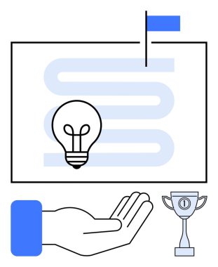 Fikir için ampul, plan için hedef bayrağı olan yol haritası, destek için açık el ve başarı için kupa. Yenilik, strateji, motivasyon, liderlik, takım çalışması başarı hedefi belirlemek için ideal