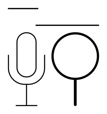 Ses girdisini temsil eden mikrofon ve arama işlevselliğini sembolize eden büyüteç. Teknoloji, iletişim, araştırma, podcast, yenilik, yapay zeka ve minimalizm için ideal. Düz basit