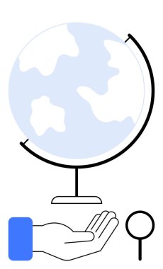 Açık el üstünde duran dünya ve büyüteç ikonu gezegene, keşfe ve küresel eğitime özen göstermeyi öneriyor. Sürdürülebilirlik, seyahat, öğrenme, keşif, sorumluluk, çevre düzlüğü için ideal