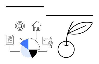 Kripto para birimini, gayrimenkulleri, ödül sertifikalarını ve finansal belgeleri bağlayan pasta şeması. Yapraklı kiraz büyümeye ve sürdürülebilirliğe odaklanır. Finans, teknoloji ve yatırım için ideal
