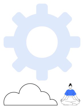 Bulutların üzerindeki büyük mavi dişli ve Lotus 'ta meditasyon yapan kişi mavi bir gömlek giyiyor. Konu başlıkları için ideal farkındalık, verimlilik, denge, teknoloji, kişisel bakım, yenilik, stres