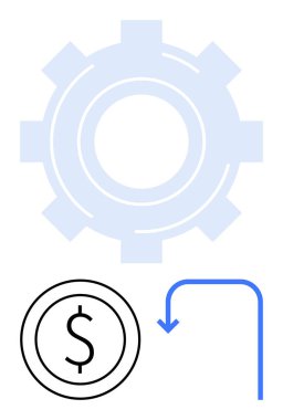 Büyük teçhizat, dolar işareti olan bozuk para ve aşağı doğru ok bir süreç oluşturuyor. Otomasyon, iş akışı, finans, tasarruf, karlılık operasyonları iş büyümesi için idealdir. Düz basit metafor