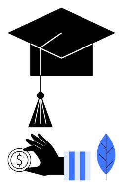 Mezuniyet şapkası, bozuk para ve yaprak içeren minimalist kompozisyon. Eğitim, finans, burs, öğrenme, sürdürülebilirlik büyümesi ve fırsat için idealdir. Düz basit metafor