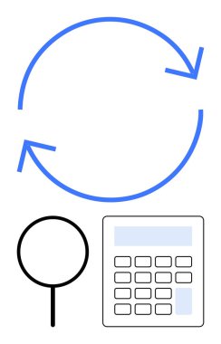 İki mavi kavisli ok, hesap makinesi ve büyüteç üzerinde bir çember oluşturuyor. Analiz, değerlendirme, araştırma, ilerleme takip, problem çözme, bütçe ve eğitim için ideal. Düz basit metafor