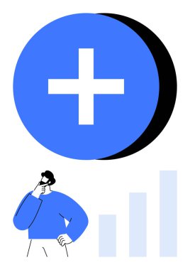 Mavi artı işareti altında derin düşünen kişi pozitifliği ve büyümeyi temsil eder. Bitişik bar tablosu gelişimi ve başarıyı sembolize eder. İş için ideal, planlama, hedefler, pozitiflik, strateji