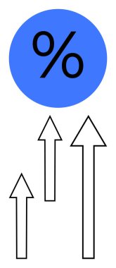 Yüzde işaretli mavi daire yükselen üç siyah okun üzerinde, istatistiksel gelişmeyi, büyümeyi veya eğilim analizini temsil ediyor. Finans, işletme, ekonomi, veri analizi ve pazarlama için ideal