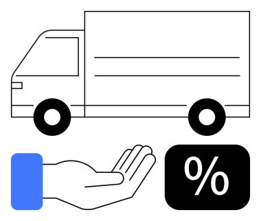 Açık el ve yüzde işareti olan bir teslimat kamyonu çizimi. Nakliye, lojistik, indirimler, e-ticaret, hizmet seçenekleri, müşteri desteği ve perakende satış anlaşmalarını temsil ediyor. Düz basit metafor