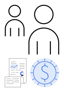 Takım çalışmasını vurgulayan iki soyut figür, iş eğilimleri için analitik bir rapor ve bir para birimi parası. Finans, takım çalışması, iş hedefleri, liderlik, veri analizi ve yatırım için ideal