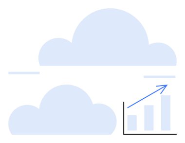 Yukarı doğru büyüyen oku gösteren çizelgenin yanında minimal dizaynlı iki açık mavi bulut. Teknoloji, iş dünyası, veri büyümesi, bulut hesaplaması, analitik, dijital strateji, performans için ideal