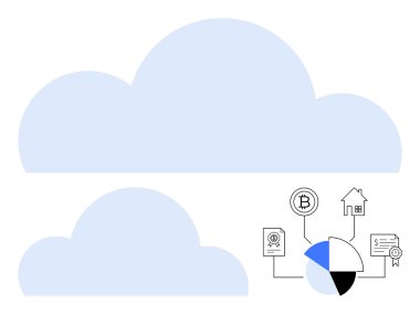Şifreleme, emlak, pasta grafiği ve belgeler için birbirine bağlı dijital simgelerin diyagramının üzerinde iki bulut şekli. Teknoloji, bulut depolama, kripto para birimi, finans, veri için ideal